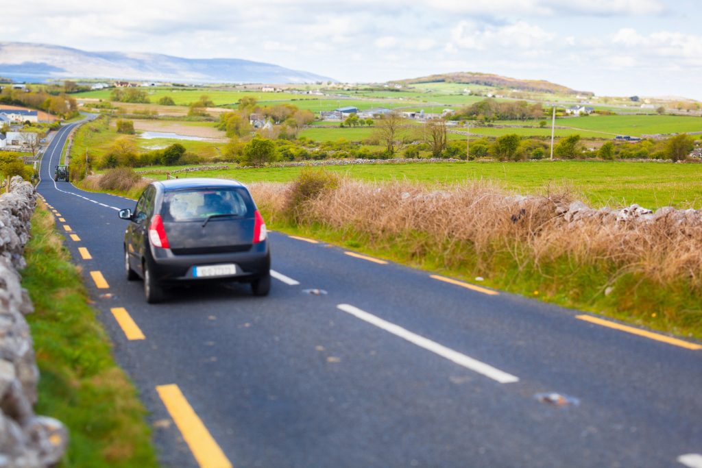 Winding road through Ireland countryside