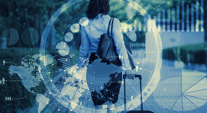 Woman walking through the lens of analytics