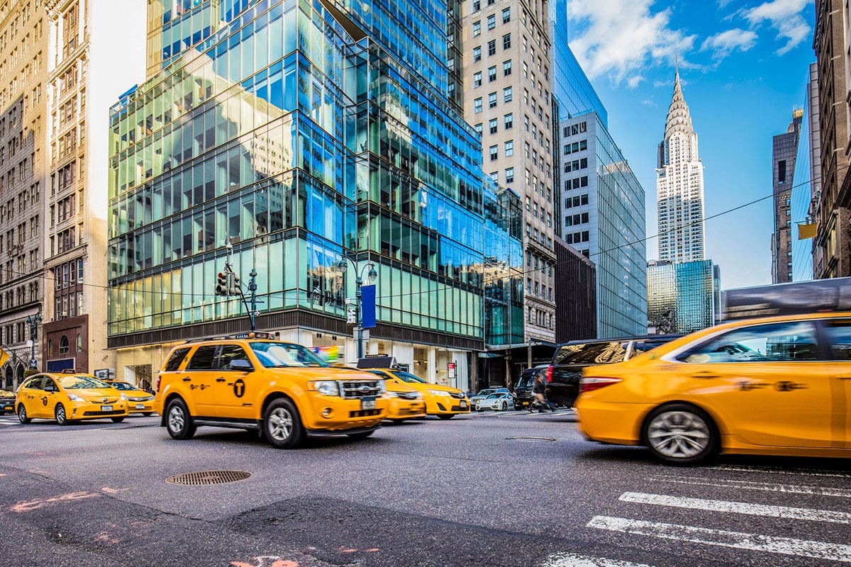 Yellow taxis on a busy street in New York City